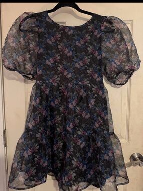Forever 21 Black Floral Puff-Sleeve Dress with Blue & Pink Accents